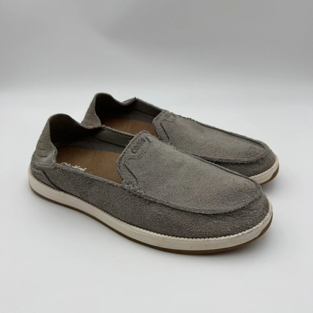 OluKai Kakaha Nia Mens Grey Suede Leather Slip On Loafers Shoes 10557-AUAU Sz 11